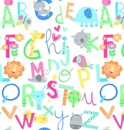 Alphabets and Animals White Flannel Fabric