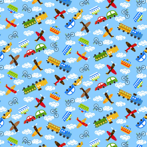 Planes and Cars Blue Flannel Fabric
