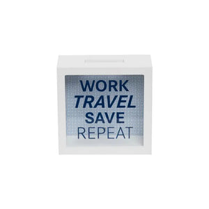 Work Travel Save Repeat Wooden Piggy Bank