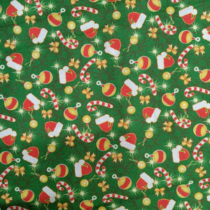 Christmas Icons Hats Candy Canes Green Cotton Fabric