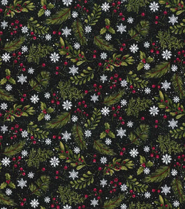 Winter Holly Berries Glitter Cotton Fabric