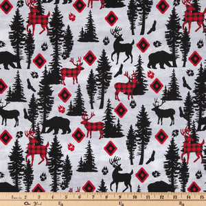 Red & Black Woodland Animals Calico Cotton Fabric