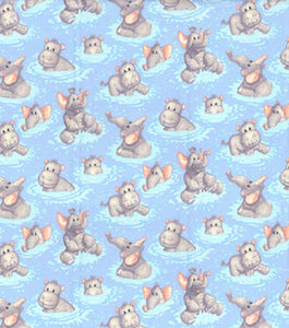 Hippo Babies Playing In Water Nursery Cotton Fabric