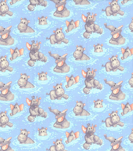 Hippo Babies Playing In Water Nursery Cotton Fabric