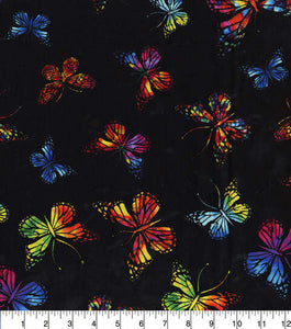 Vibrant Butterflies On Black Cotton Fabric