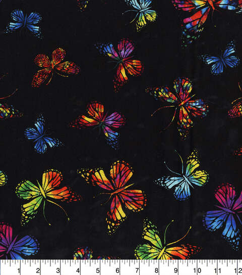 Vibrant Butterflies On Black Cotton Fabric