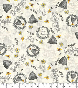 Bee Hives And Sunflowers White Cotton Fabric