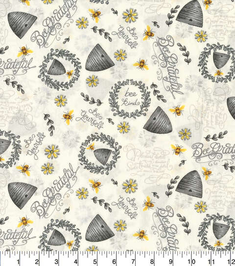 Bee Hives And Sunflowers White Cotton Fabric