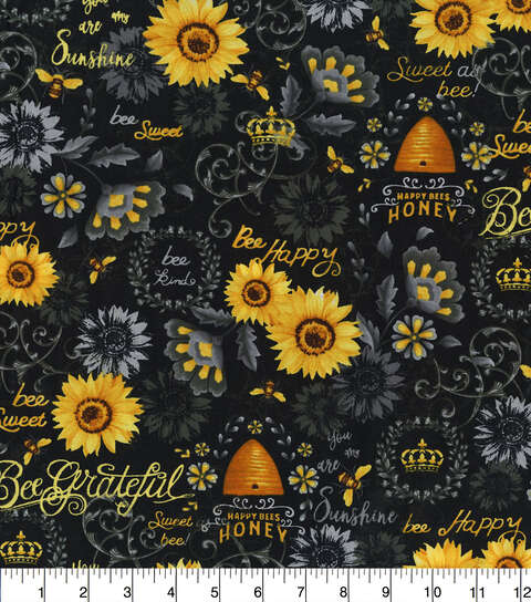 Queen Bee and Sunflowers Black Cotton Fabric