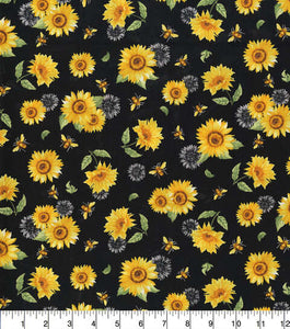 Sunflowers And Bees Black Cotton Fabric