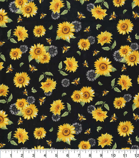 Sunflowers And Bees Black Cotton Fabric