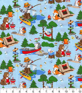 Animal Campers On Blue Cotton Fabric