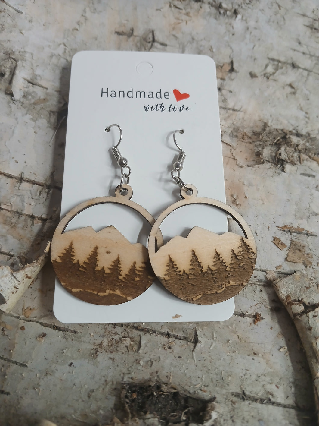 Handmade with Love - Natural Wood Circle Mountain Forest Earrings