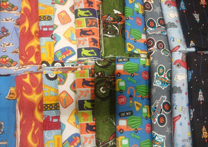 Assorted Children's Construction Heavy Equipment Motorcycle Monster Trucks Flannel - 1/2 Yard Cuts -  10 Prints- Fabric Bundle