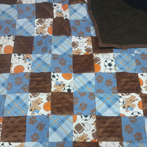 Handmade Double Layer Toddler Travel Blanket " Patchwork Puppy Sports"