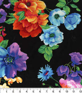 Vibrant Floral On Black Large Cotton Fabric