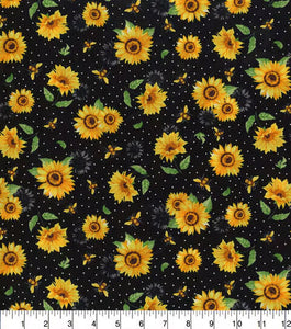 Sunflowers And Bees Speckled Black Cotton Fabric
