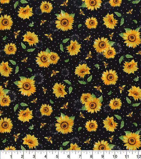 Sunflowers And Bees Speckled Black Cotton Fabric