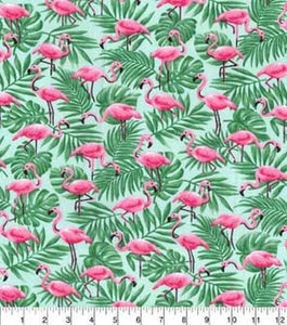 Pink Flamingos In Palm Leaves Cotton Fabric