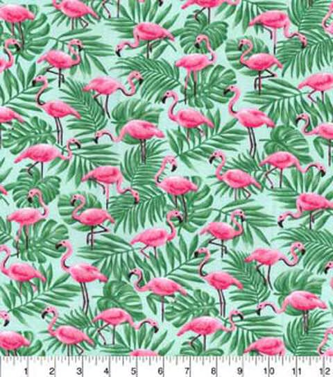 Pink Flamingos In Palm Leaves Cotton Fabric