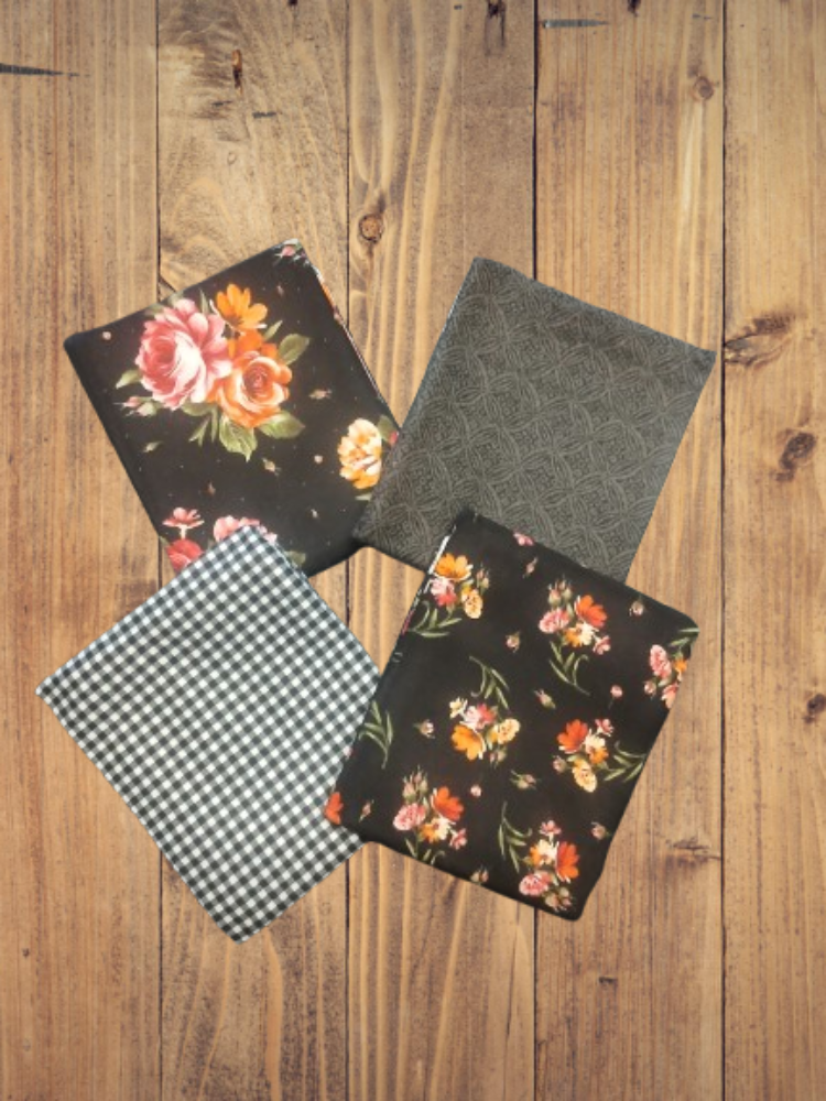 4 Fat Quarters -  Assorted Harvest Rose Black Theme Flannel Fat Quarter Bundle