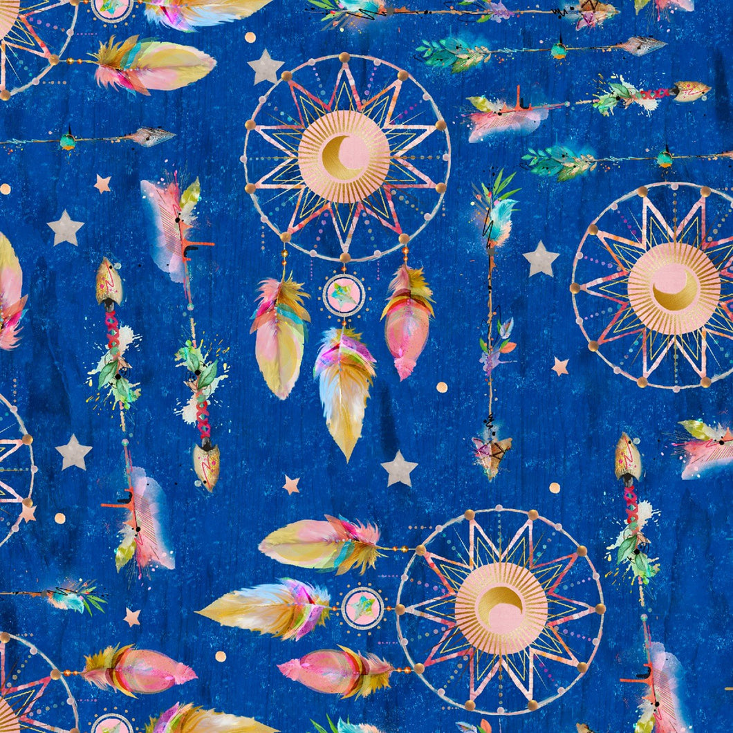 Whimsical West Dreamcatcher Toss Royal Cotton Fabric