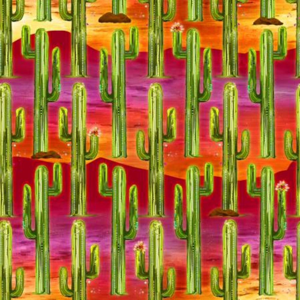 Whimsical West Cactus Scenic Cotton Fabric