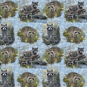 Through The Forest Light Raccoon Portraits Blue Cotton Fabric