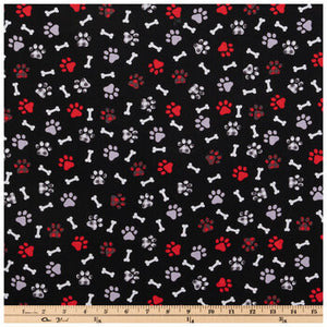 Black & Red Plaid Paw Prints Cotton Calico Fabric