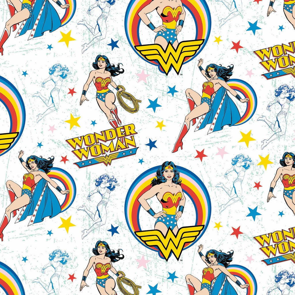 DC Wonder Woman Stars White Flannel Fabric