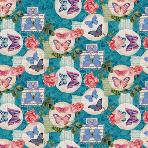 Butterfly and Floral Stamp Victoria Teal Cotton Fabric