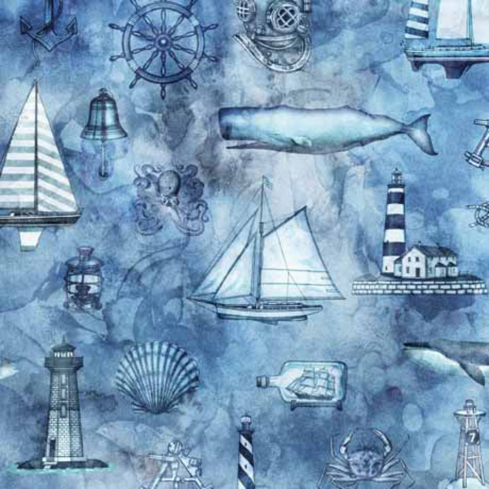 Siren's Call Coastal Collage Blue Cotton Fabric