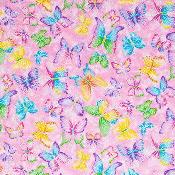 Butterflies On Pink Cotton Calico Fabric