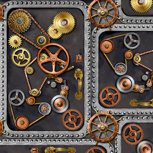 Full Steam Ahead Digital Gears on Doors Cotton Fabric