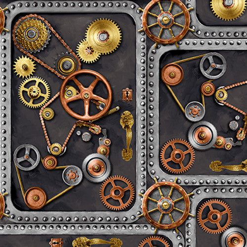 Full Steam Ahead Digital Gears on Doors Cotton Fabric