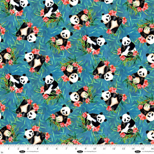 Panda Paradise Digital Tossed Pandas Teal Cotton Fabric