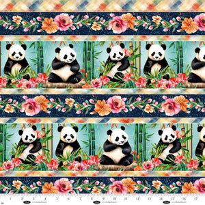 Panda Paradise Digital Border Stripe Sage Cotton Fabric