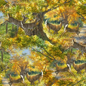 Through The Forest Light Morning Run Deer Cotton Fabric