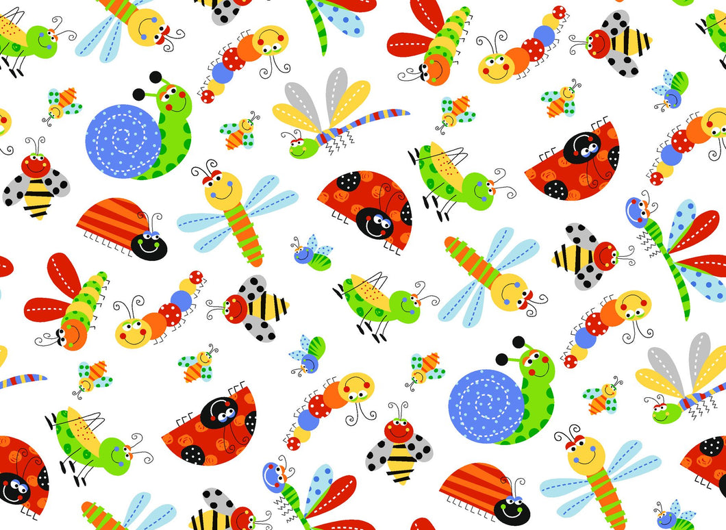 Fun Flannel- Fun Bugs White Fabric