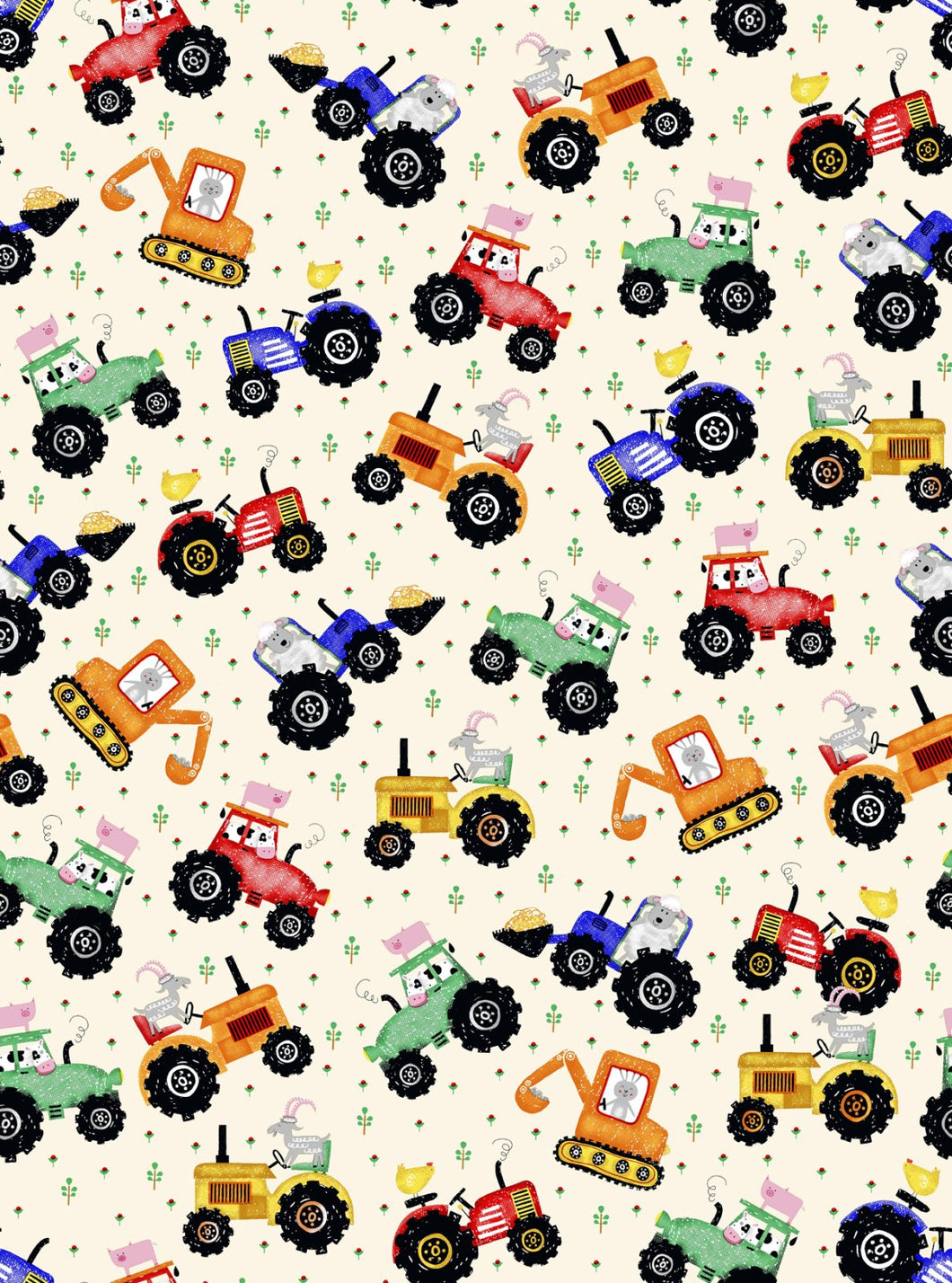 Fun Flannel- Tractors Off White Flannel Fabric