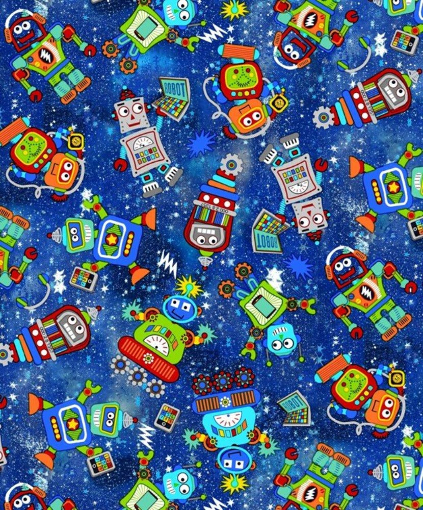 Fun Flannel Space Robots Blue Flannel Fabric