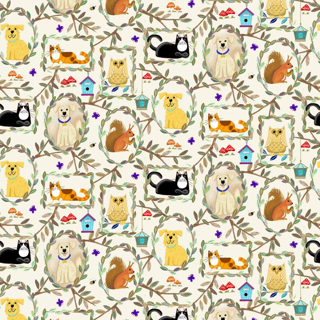 Tree House Tan Patchwork Cats Dogs Cotton Fabric