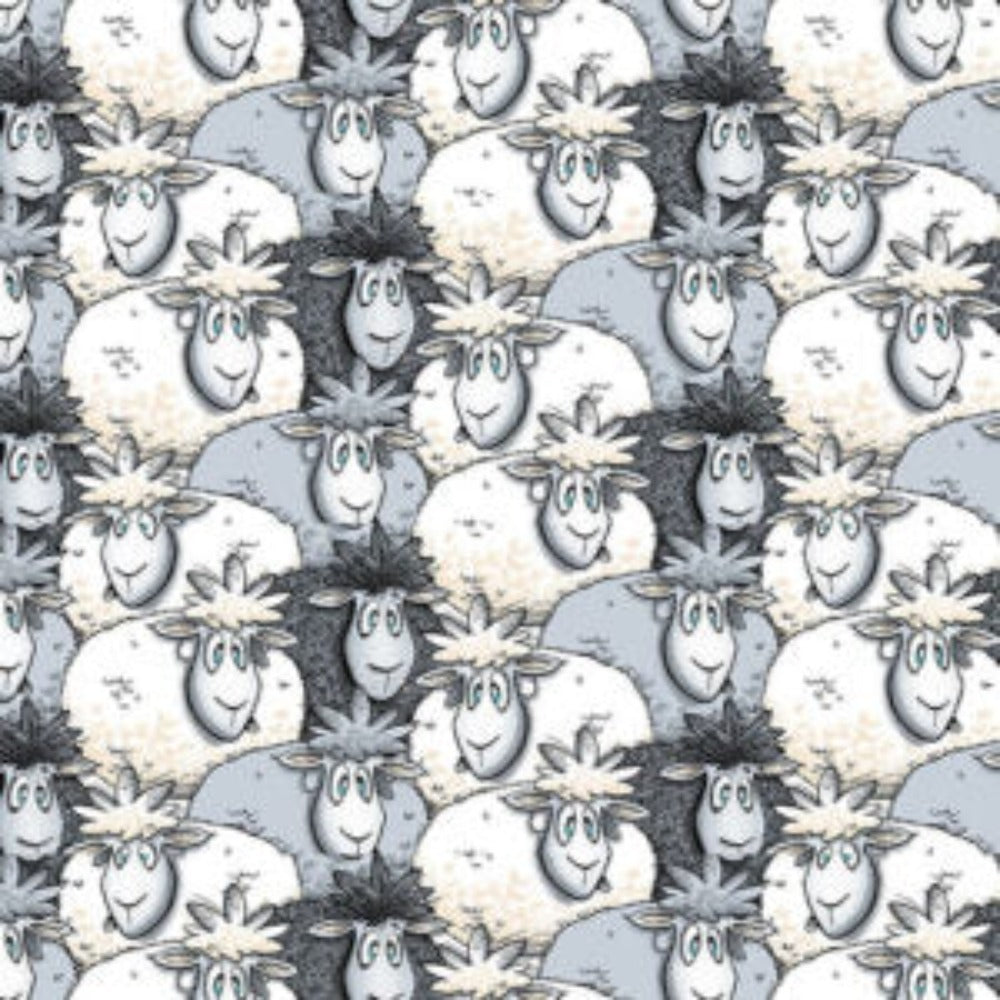Farmland Tails Sheep Grey Cotton Fabric