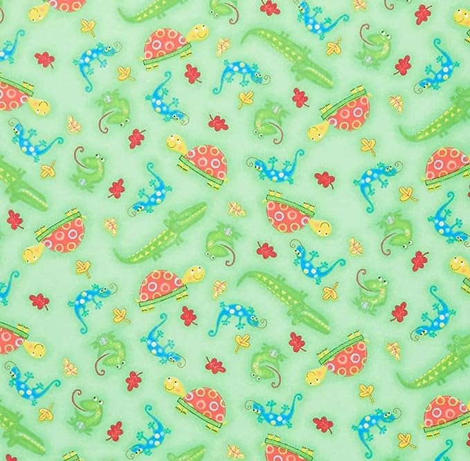 Frogs, Alligators, Turtles, and Lizards on Green Comfy Flannel Fabric
