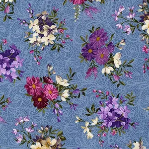 Masterpiece Spaced Floral Bouquets Blue Cotton Fabric