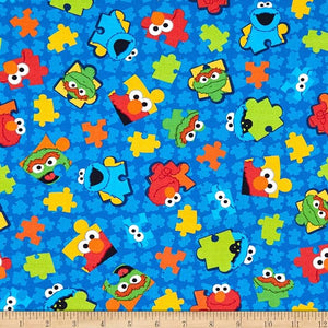 Sesame Street Digital Puzzle Pieces Royal, Cotton Fabric by the Yard