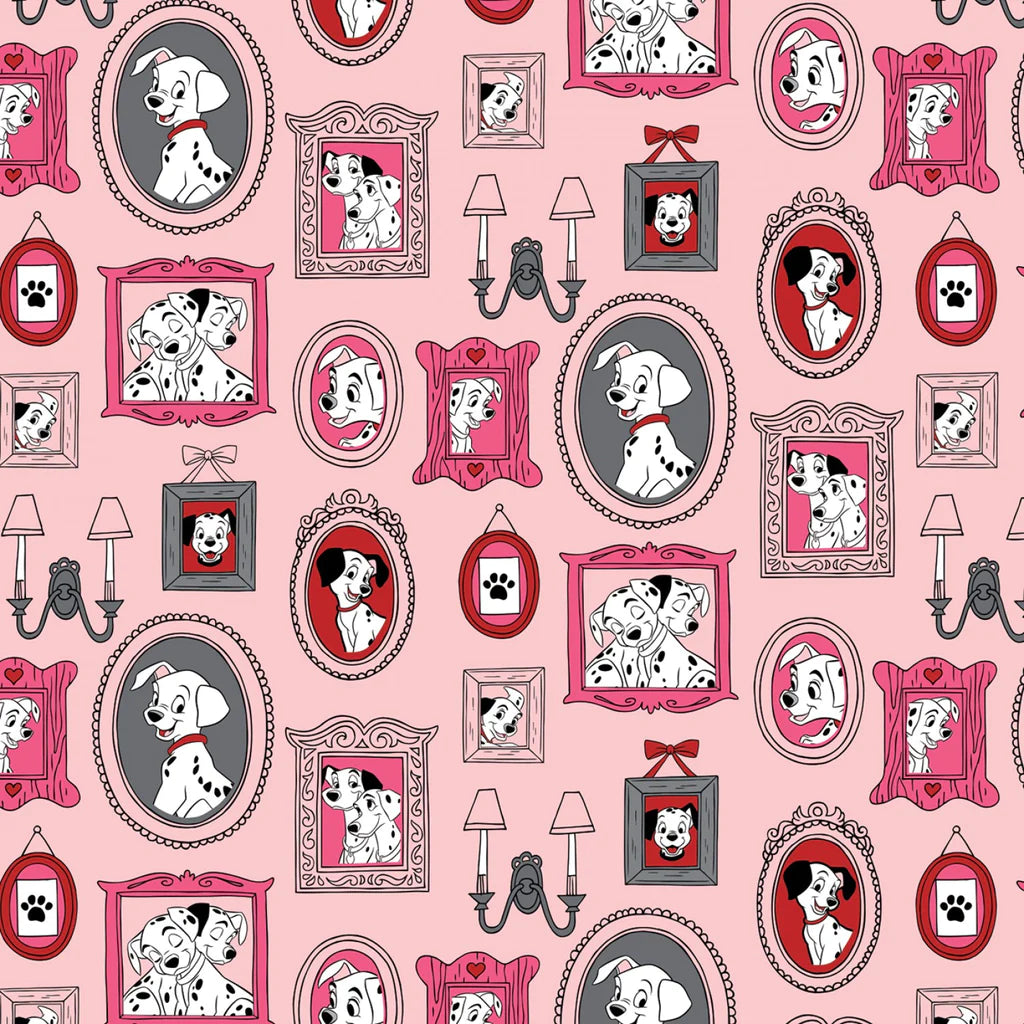 101 Dalmatians Family Frames Pink Flannel Fabric