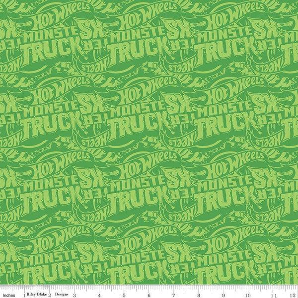 Hot Wheels Monster Trucks Tonal Green Cotton Fabric - 1 Yard Precut
