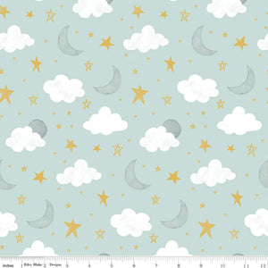 Its A Boy Aqua Moon and Stars Cotton Fabric