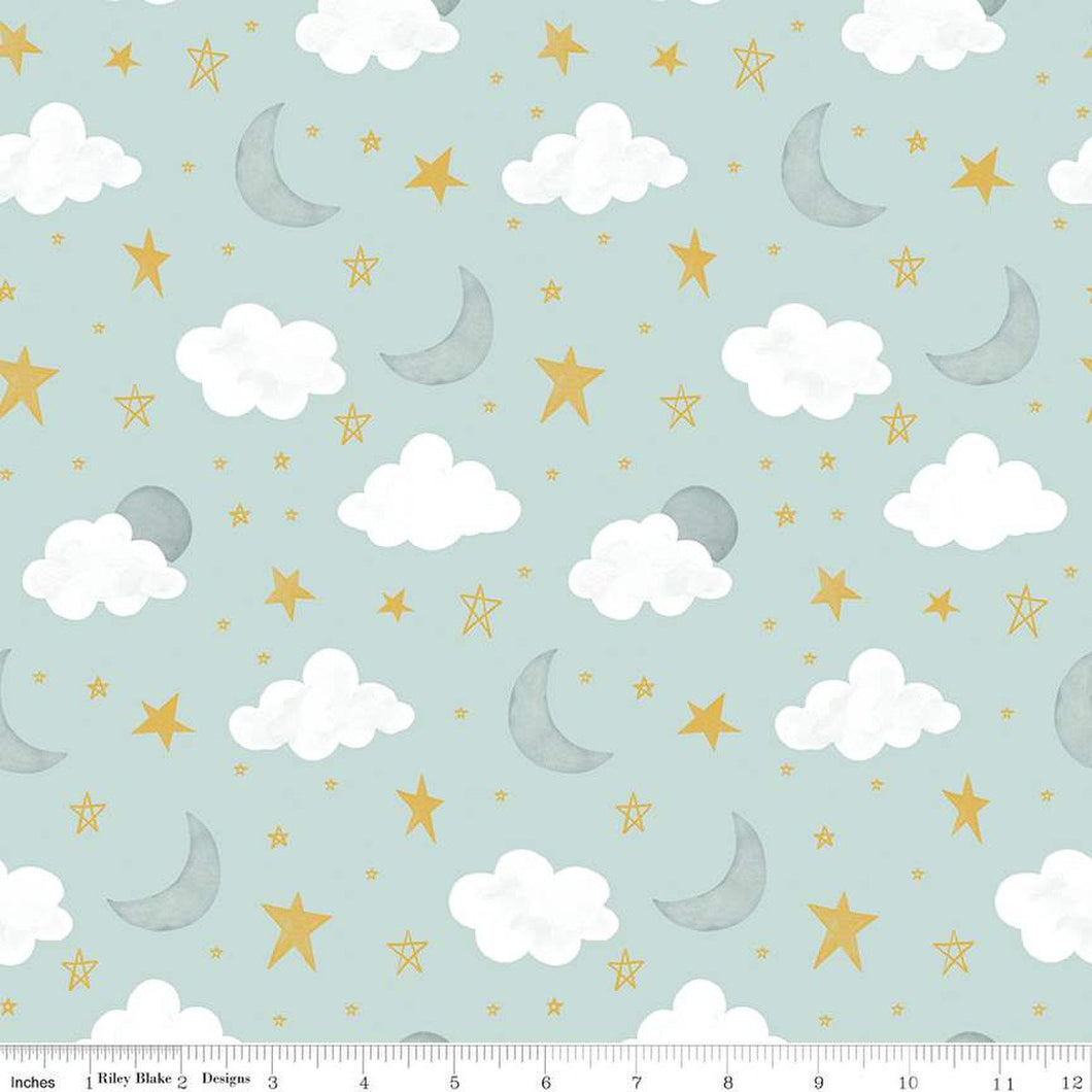 Its A Boy Aqua Moon and Stars Cotton Fabric